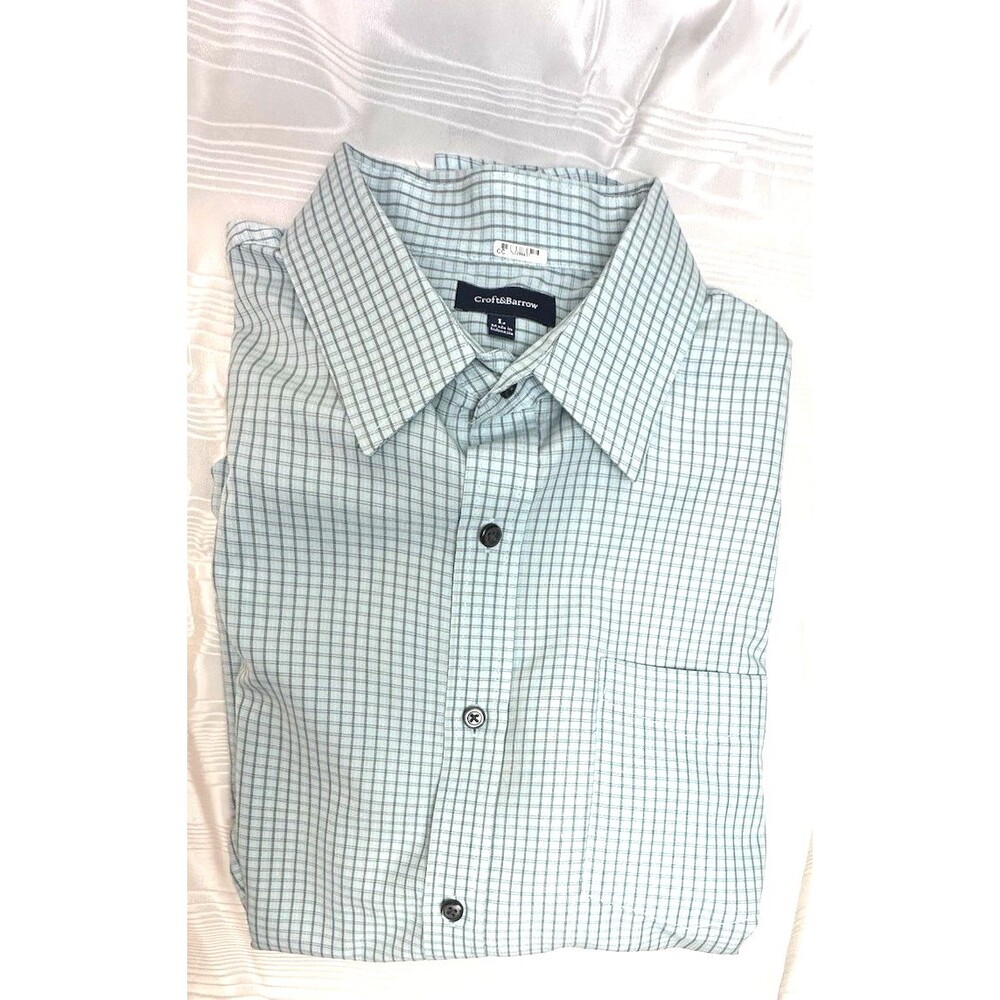 Croft & Barrow L Short Sleeve Front Button Up Shirt Mint Green Plaid Spring NWOT